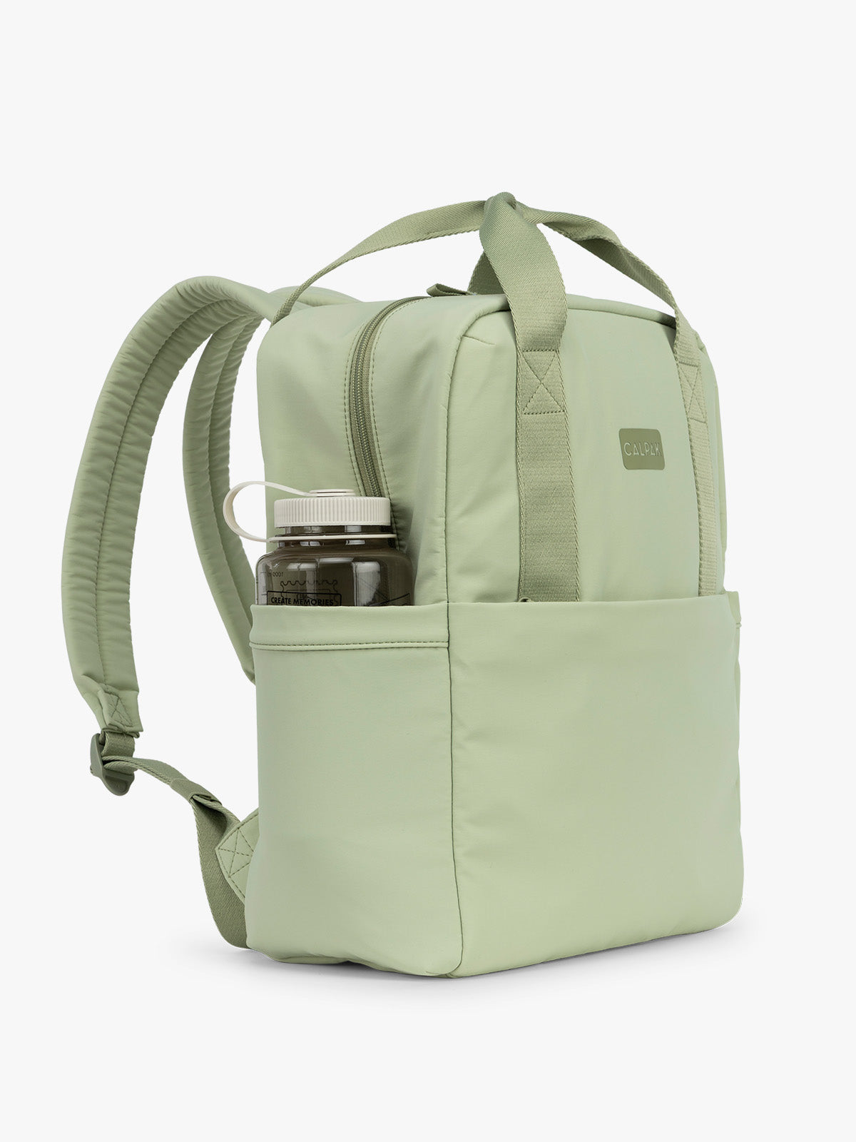CALPAK Connect Laptop Backpack in light green Meadow side view on a white background; BCN2401-MEADOW