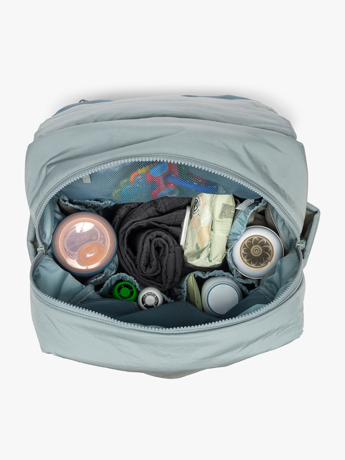 CALPAK Diaper Backpack in light blue Bluebell opened interior; BPB2401-BLUEBELL
