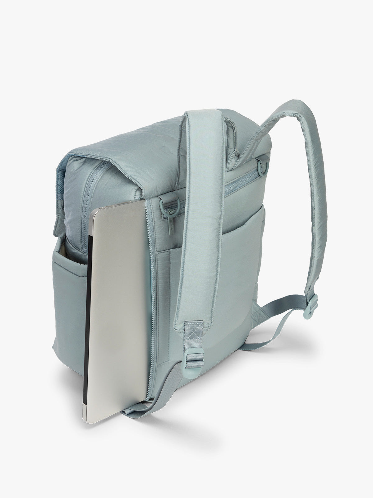 CALPAK Diaper Backpack in light blue Bluebell side laptop sleeve; BPB2401-BLUEBELL