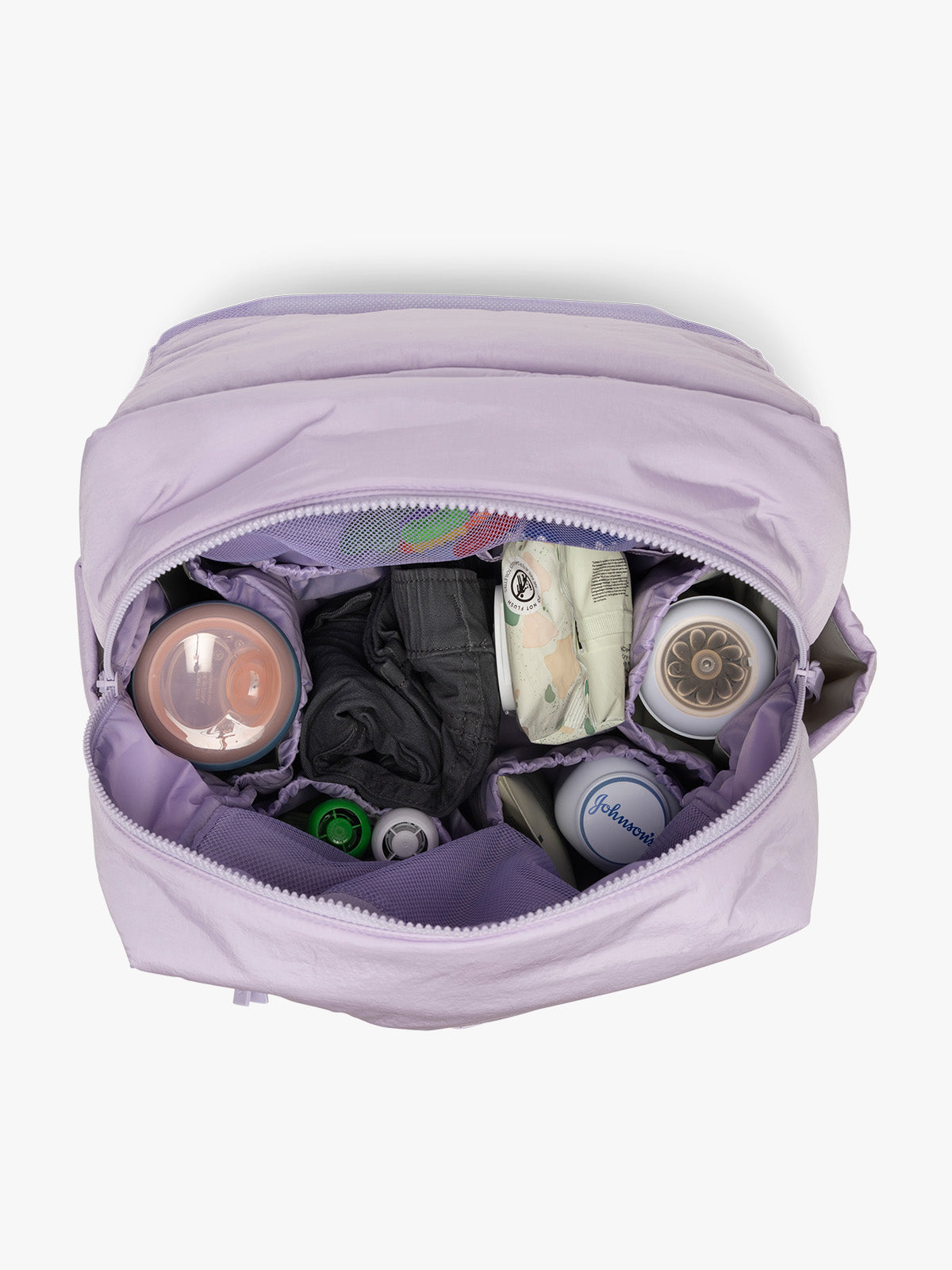 CALPAK Diaper Backpack in lavender purple Orchid opened intterior; BPB2401-ORCHID