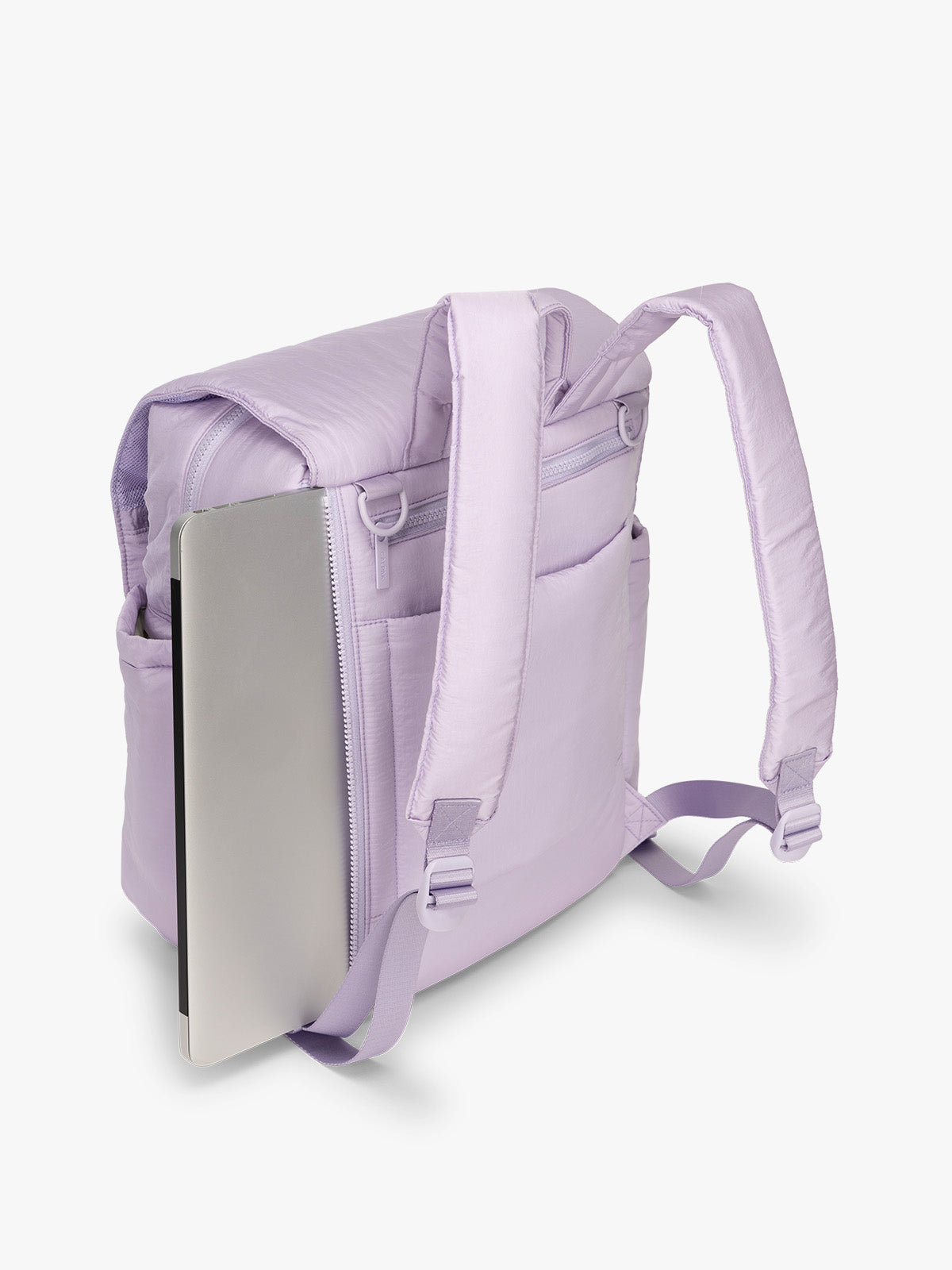 CALPAK Diaper Backpack in lavender purple Orchid side laptop sleeve ; BPB2401-ORCHID