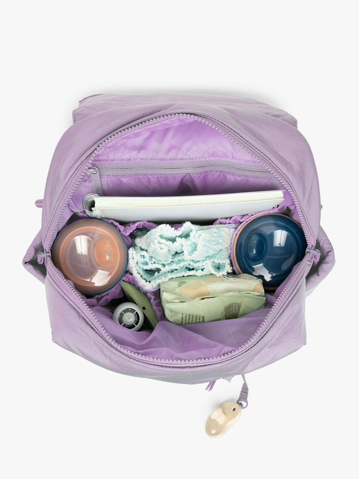 CALPAK Convertible Mini Diaper Backpack in lavender purple Orchid opened interior; BPC2401-ORCHID