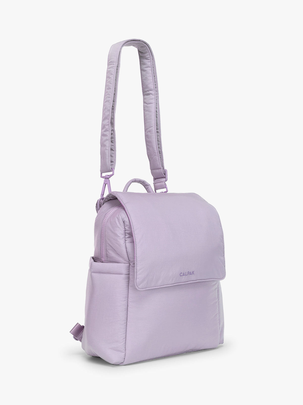 CALPAK Convertible Mini Diaper Backpack in lavender purple side with strap; BPC2401-ORCHID
