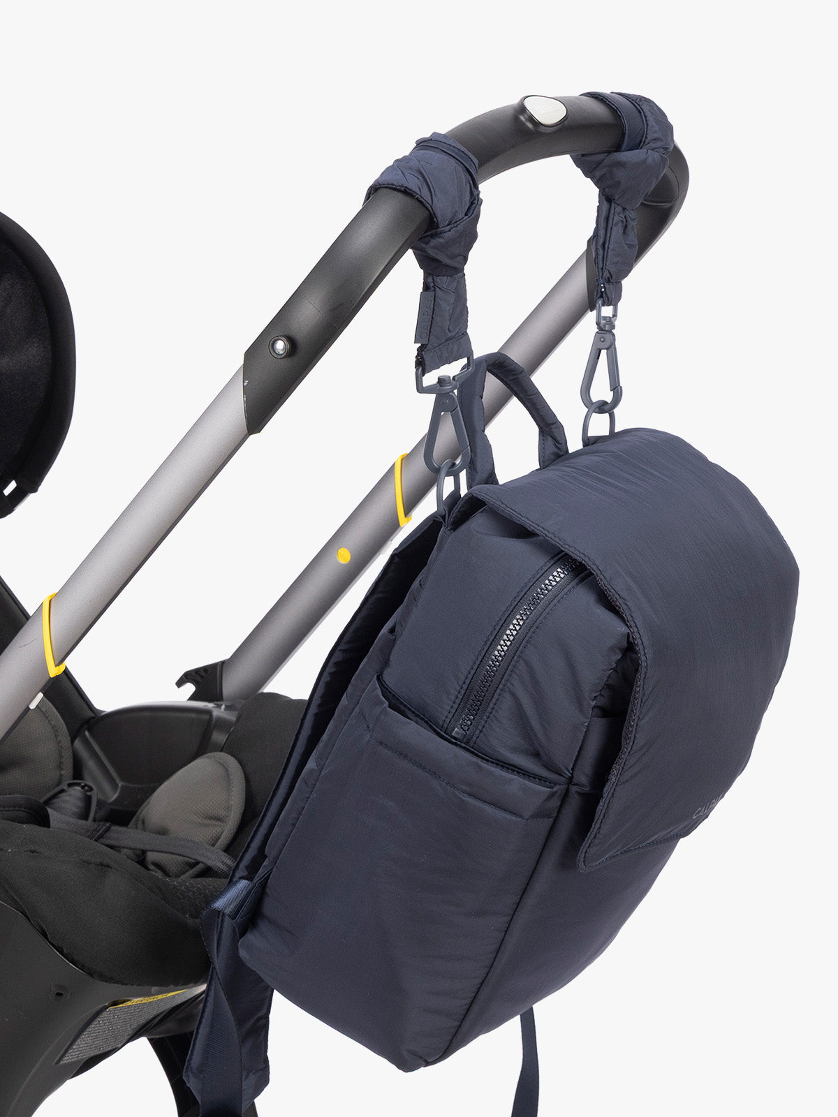 CALPAK Mini Diaper Backpack in blue Navy on stroller with stroller straps; BPC2402-NAVY