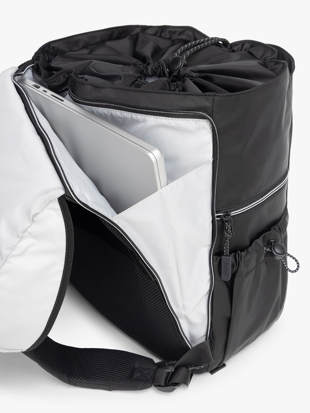 Laptop sleeve on the back of CALPAK Fit Gym Backpack in Black with white background; BPF2601-BLACK