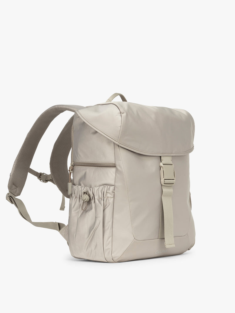 CALPAK Fit Gym Backpack in beige Greige side view with white background