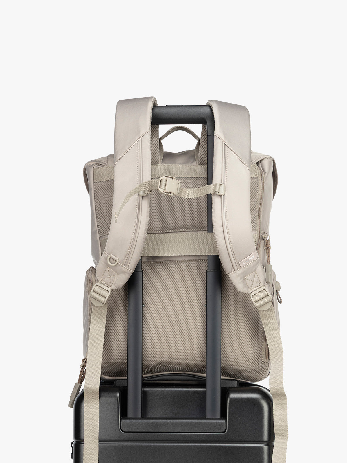 CALPAK Fit Gym Backpack in beige Greige front view with trolley sleeve for luggage; BPF2601-GREIGE