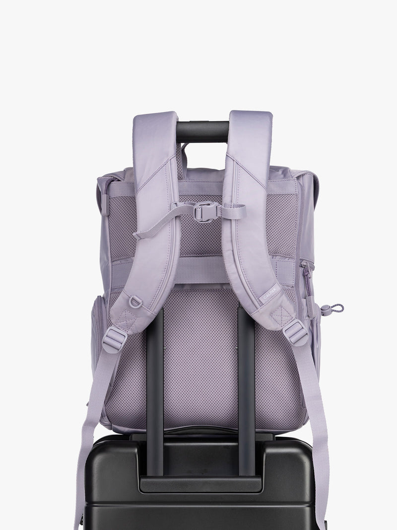 CALPAK Fit Gym Backpack in light purple Iris front view with trolley sleeve for luggage