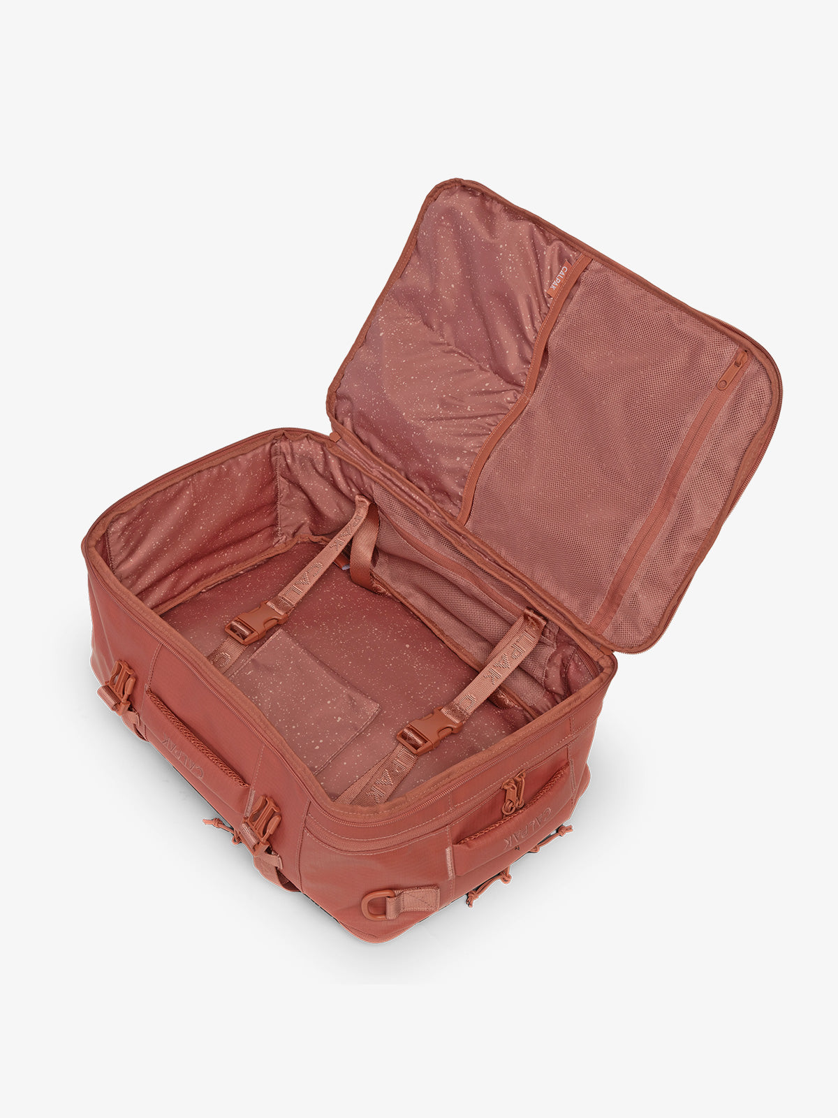 CALPAK Terra 26L Laptop Backpack Duffel in red and orange Matte Clay  open duffel view; BPH2201-CLAY