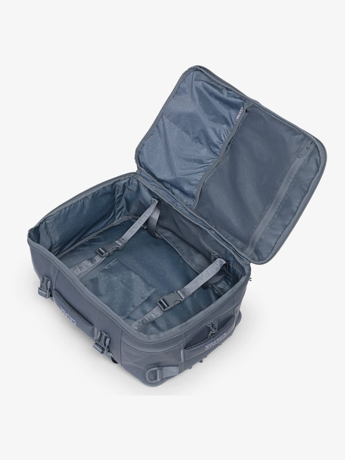 CALPAK Terra 26L Laptop Backpack Duffel in blue Matte Indigo open duffel view; BPH2201-INDIGO