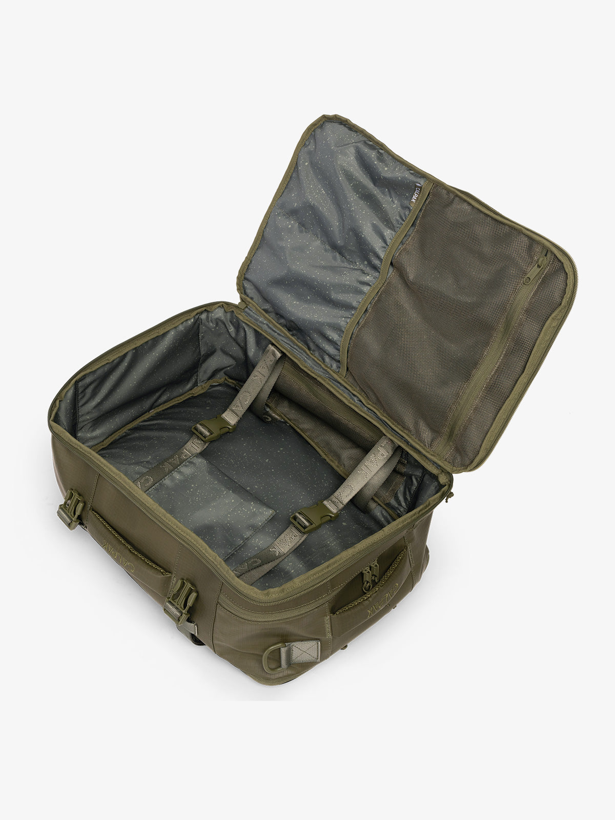 CALPAK Terra 26L Laptop Backpack Duffel in dark green Matte Pine open duffel view; BPH2201-PINE