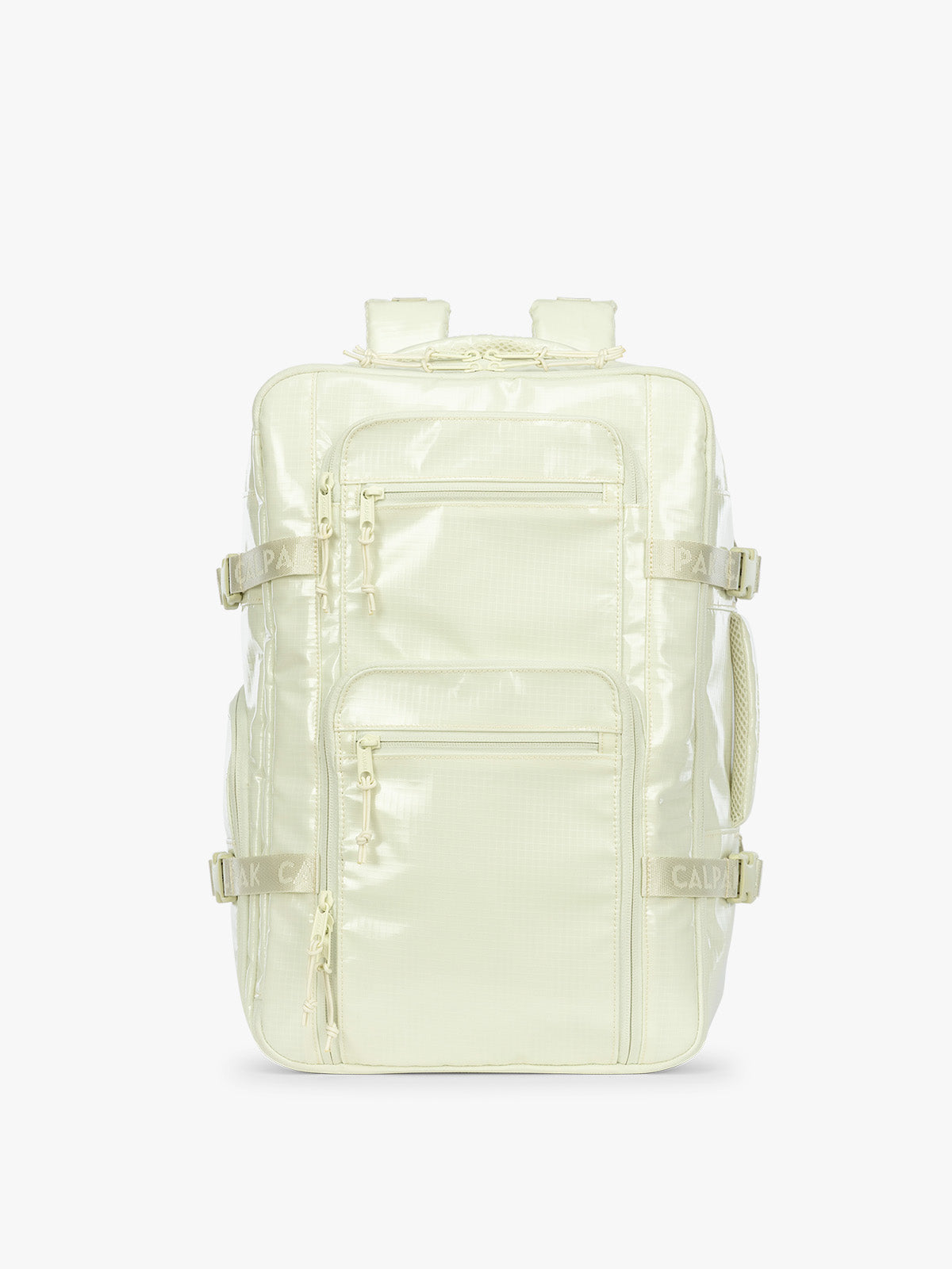 CALPAK Terra 26L Laptop Duffel Backpack with multiple pockets in light green Celadon on a white background; BPH2201-CELADON