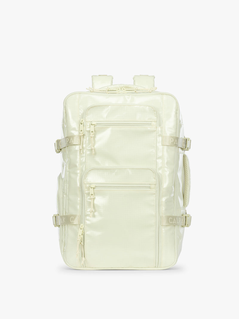 CALPAK Terra 26L Laptop Duffel Backpack with multiple pockets in light green Celadon on a white background