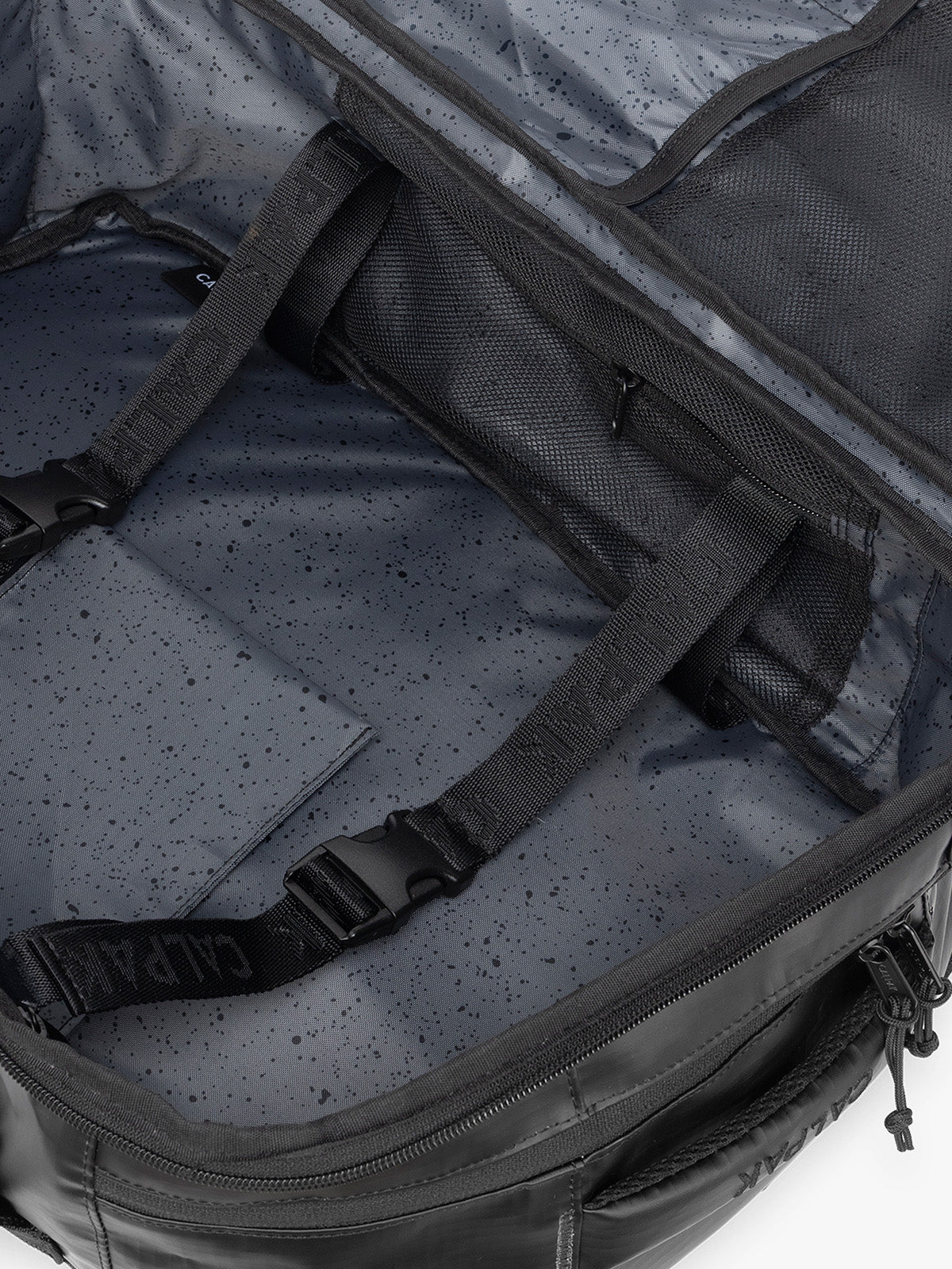 CALPAK Terra 26L Laptop Duffel Backpack in black Matte Obsidian opened view; BPH2201-MATTE-OBSIDIAN