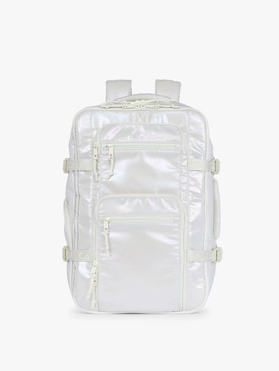 CALPAK Terra 26L Laptop Duffel Backpack with multiple pockets in shiny white Moonbeam on a white background; BPH2201-MOONBEAM view 1