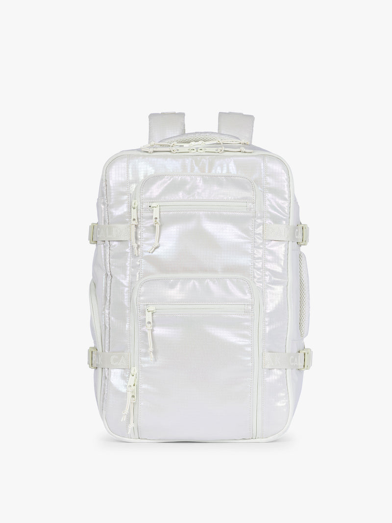 CALPAK Terra 26L Laptop Duffel Backpack with multiple pockets in shiny white Moonbeam on a white background