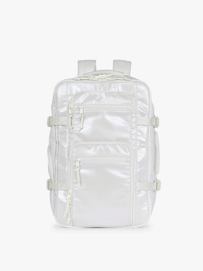 GIf showing front, back, and sides of CALPAK Terra 26L Laptop Duffel Backpack with multiple pockets in shiny white Moonbeam on a white background
