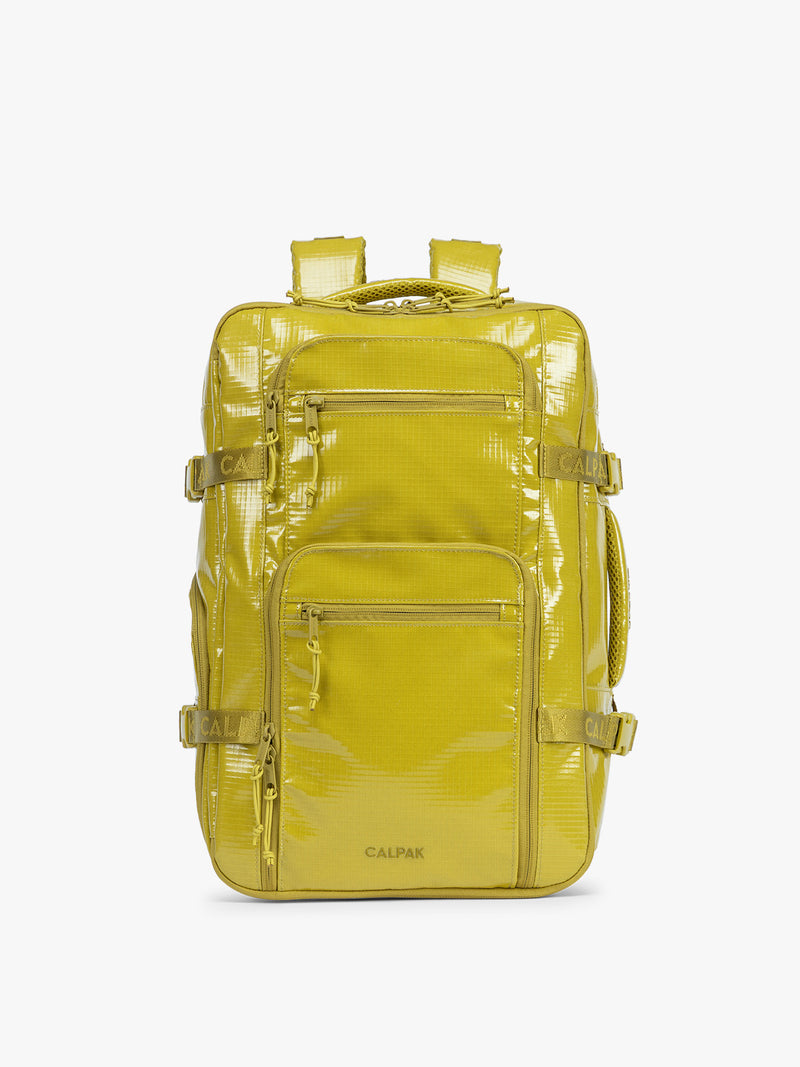 CALPAK Terra 26L Laptop Backpack in yellow green Wasabi with multiple pockets on a white background