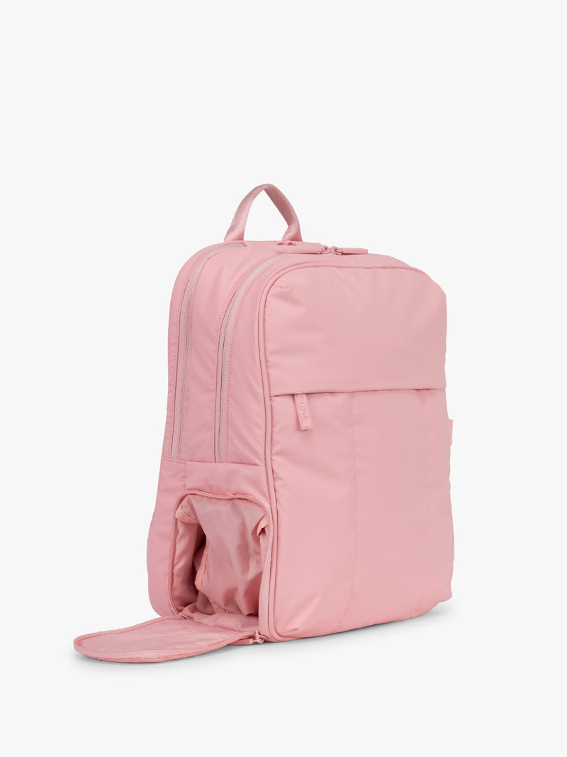CALPAK Luka 15in Laptop Backpack in monochrome pink Blossom side view with shoe compartment