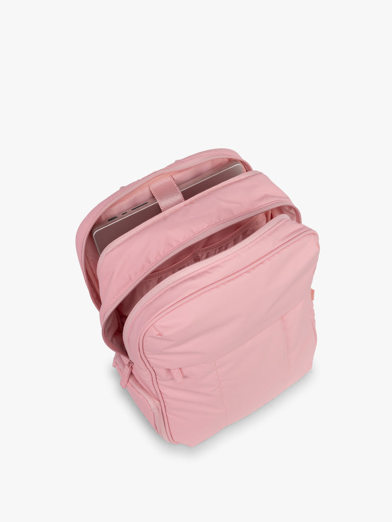 CALPAK Luka 15in Laptop Backpack in monochrome pink Blossom top view with opened backpack