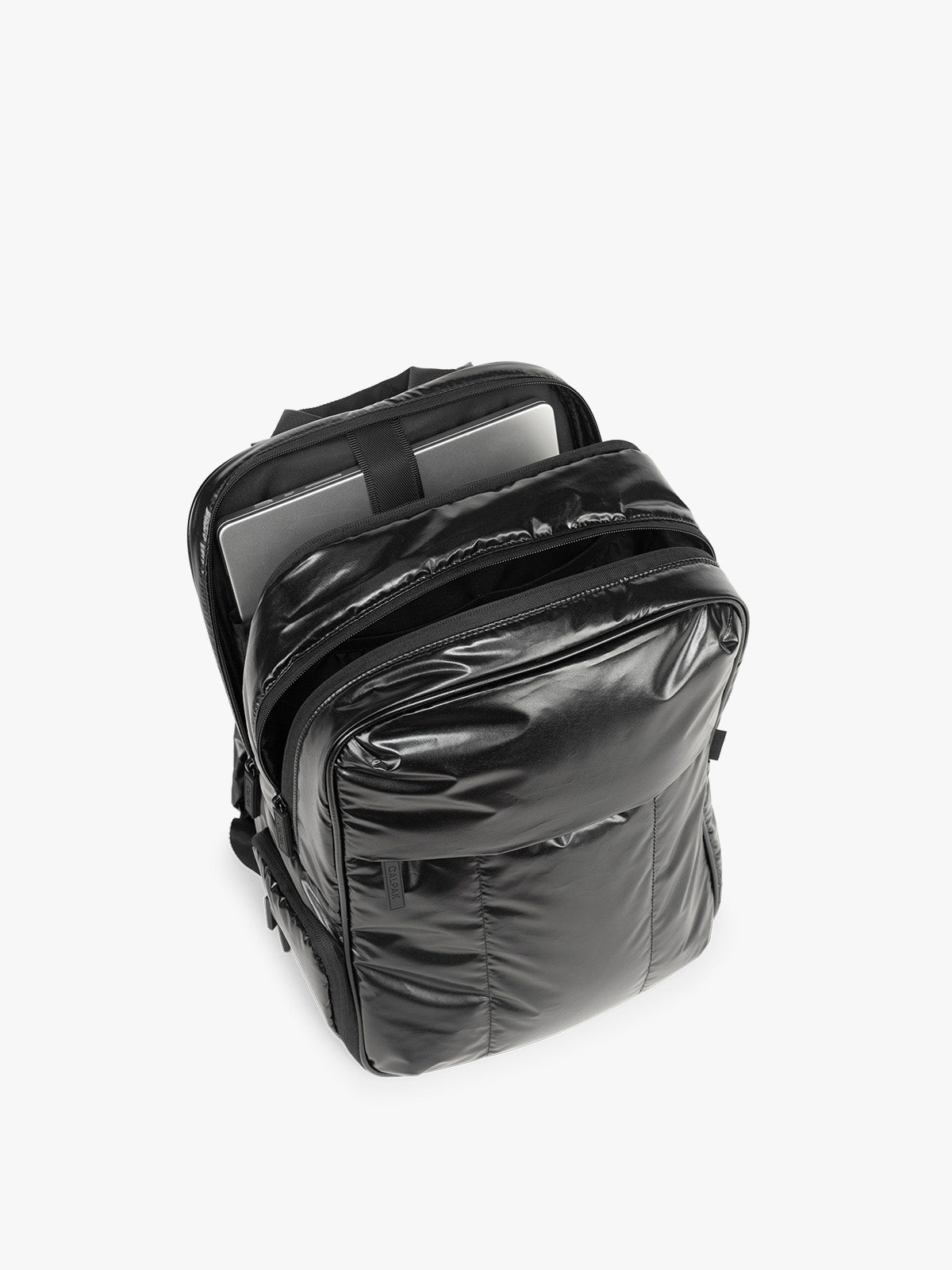 Top view of CALPAK Luka Backpack in Glazed Black; BPL2001-GLAZED-BLACK