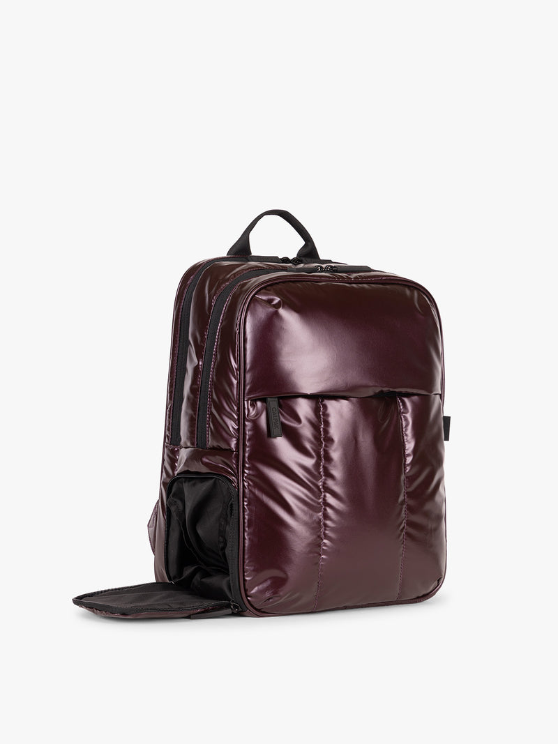 Side view of CALPAK Luka Backpack in maroon Dark Cherry