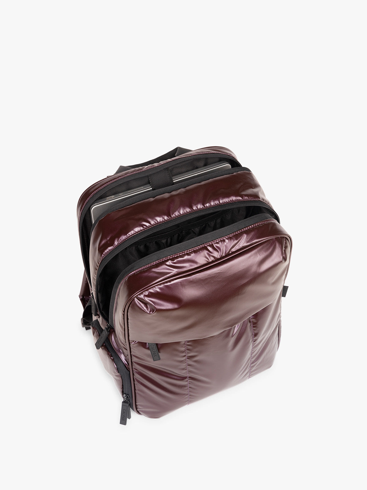 Top view of CALPAK Luka Backpack in maroon Dark Cherry ; BPL2001-GLAZED-DARK-CHERRY
