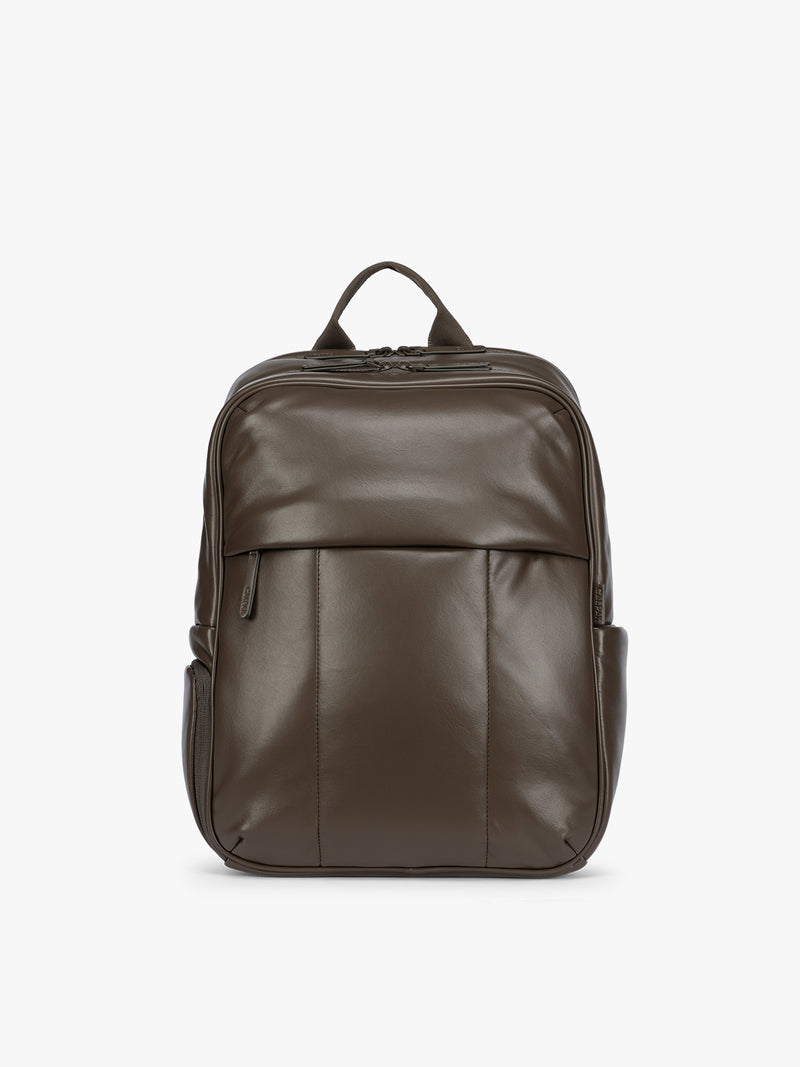 CALPAK Mushroom brown Luka 15 inch Laptop Backpack in vegan leather with a glossy finish, featuring a top carry handle, a main zippered compartment, and a front slip pocket, shown against a plain white background