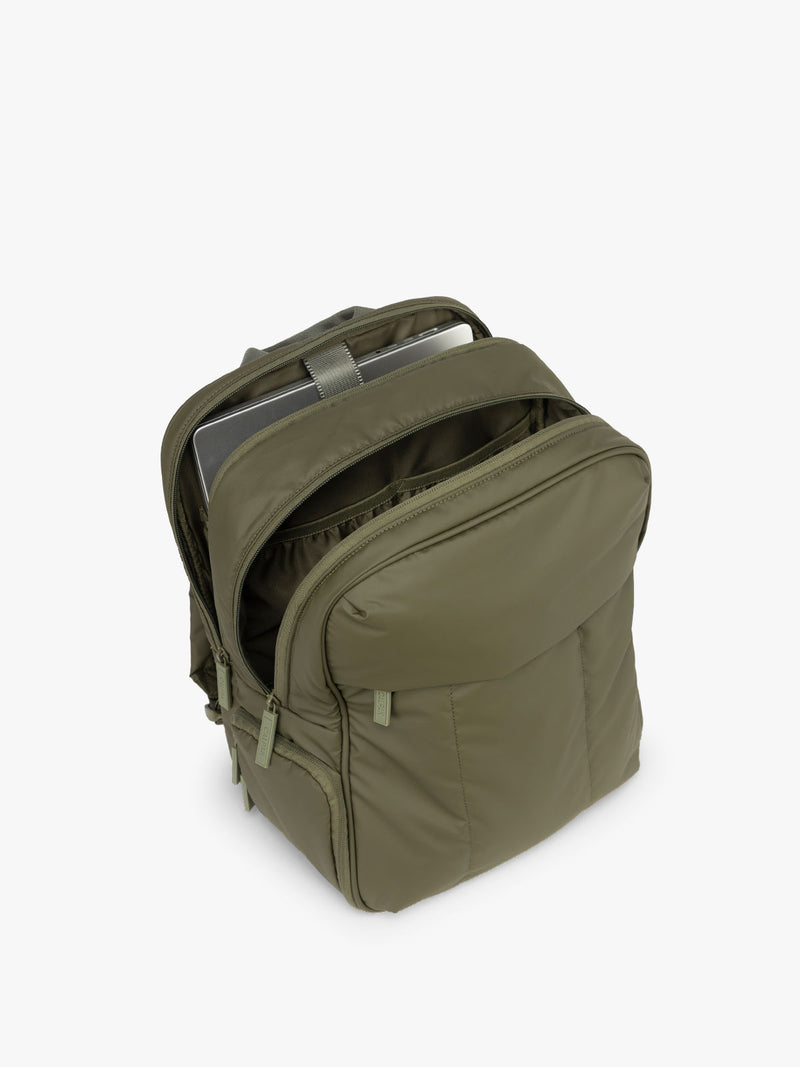 CALPAK Luka 15in Laptop Backpack  opened with laptop in dark green Pine