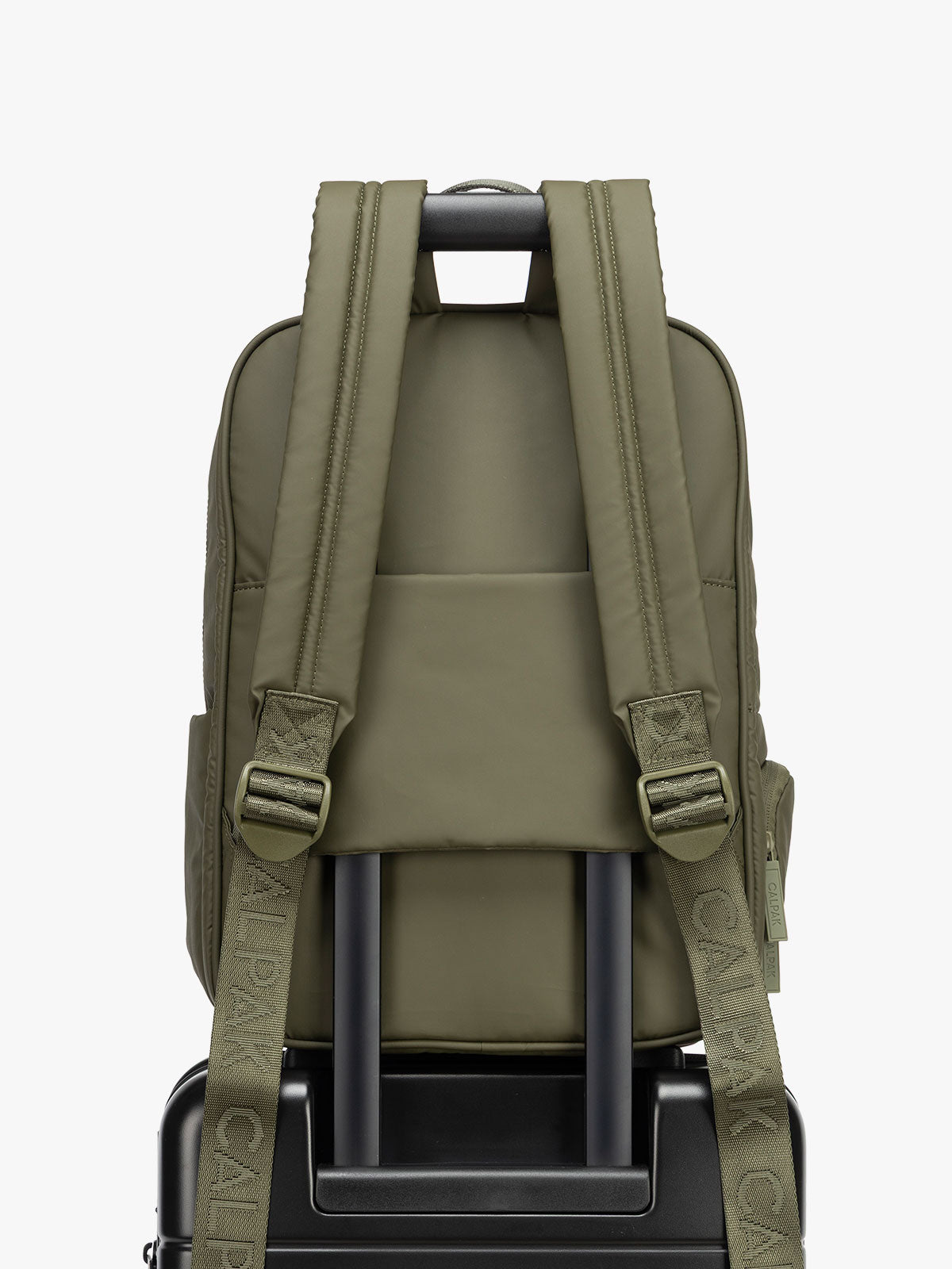 CALPAK Luka 15in Laptop Backpack  with luggage trolley sleeve in dark green Pine; BPL2001-PINE