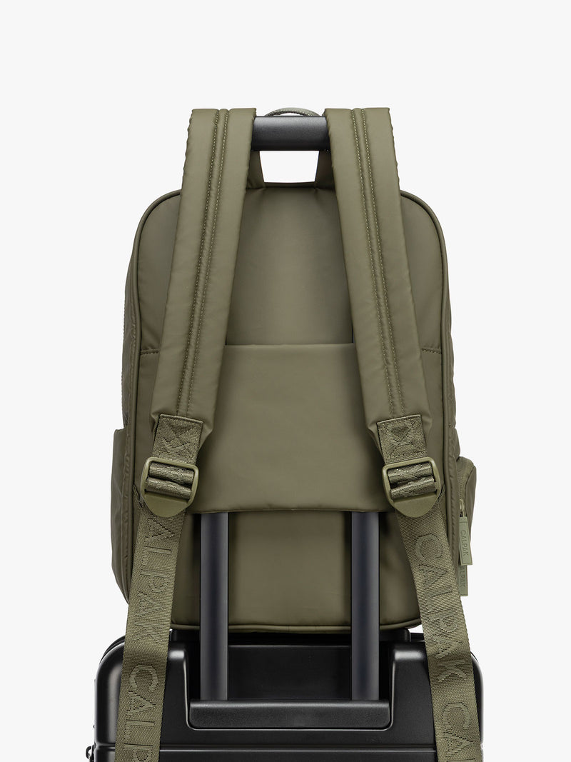 CALPAK Luka 15in Laptop Backpack  with luggage trolley sleeve in dark green Pine