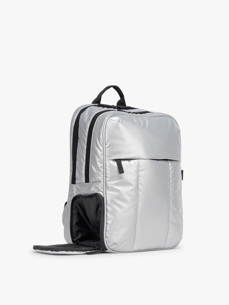 Side view of CALPAK Luka Backpack in Silver