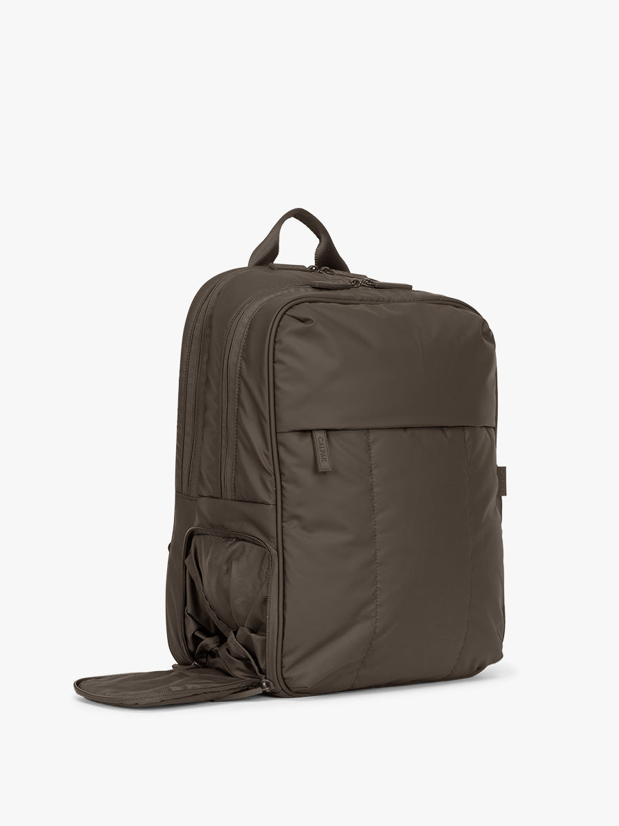 Side view of CALPAK Luka 15" Backpack in brown Mushroom; BPL2001-MUSHROOM