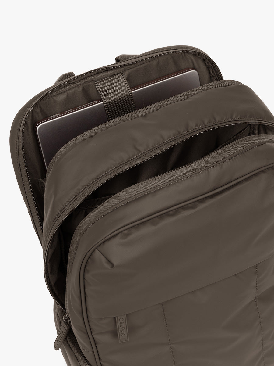 Laptop in the CALPAK Luka 15" Backpack in brown Mushroom; BPL2001-MUSHROOM