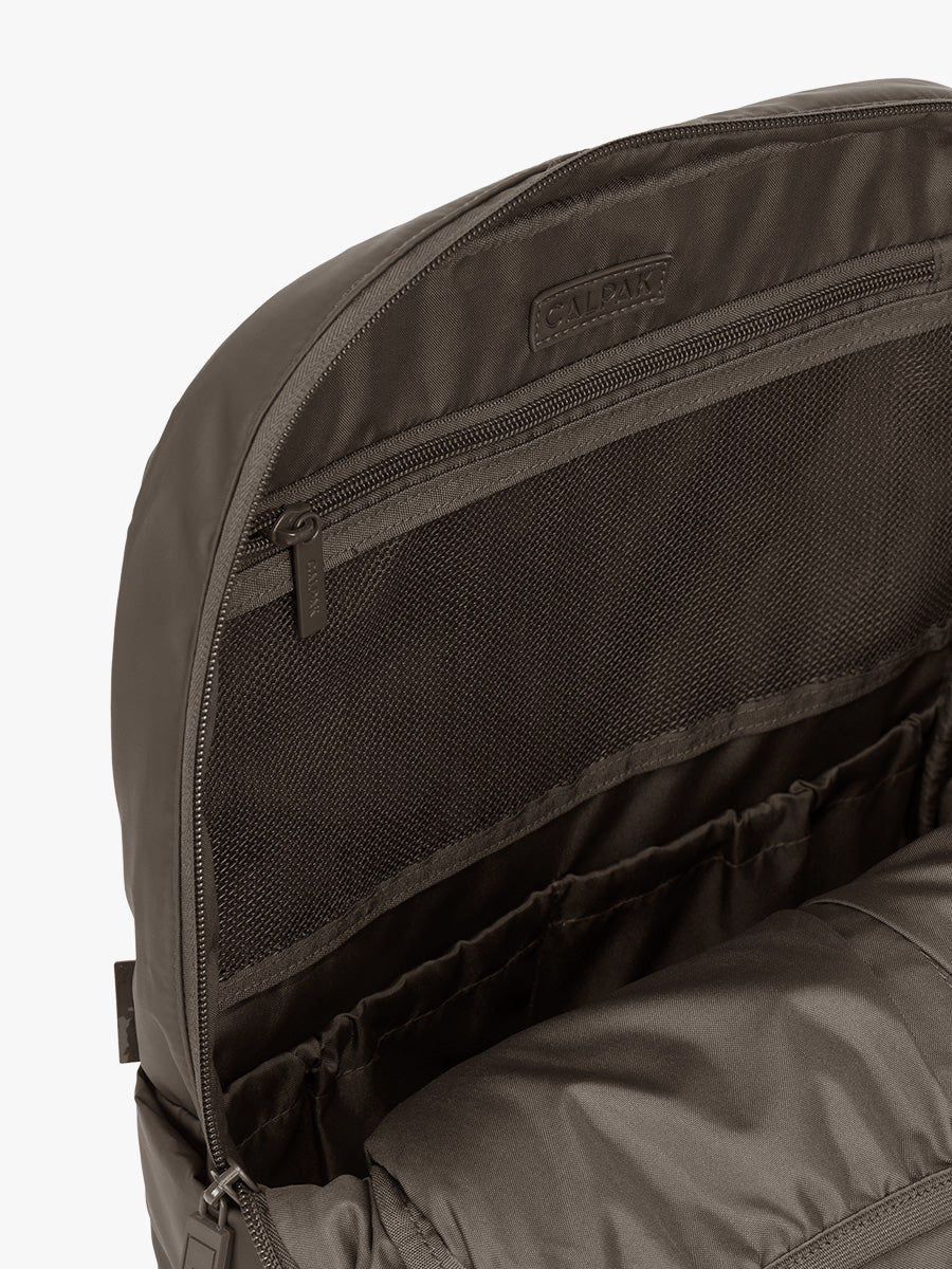Interior pockets of CALPAK Luka 15" Backpack in brown Mushroom; BPL2001-MUSHROOM