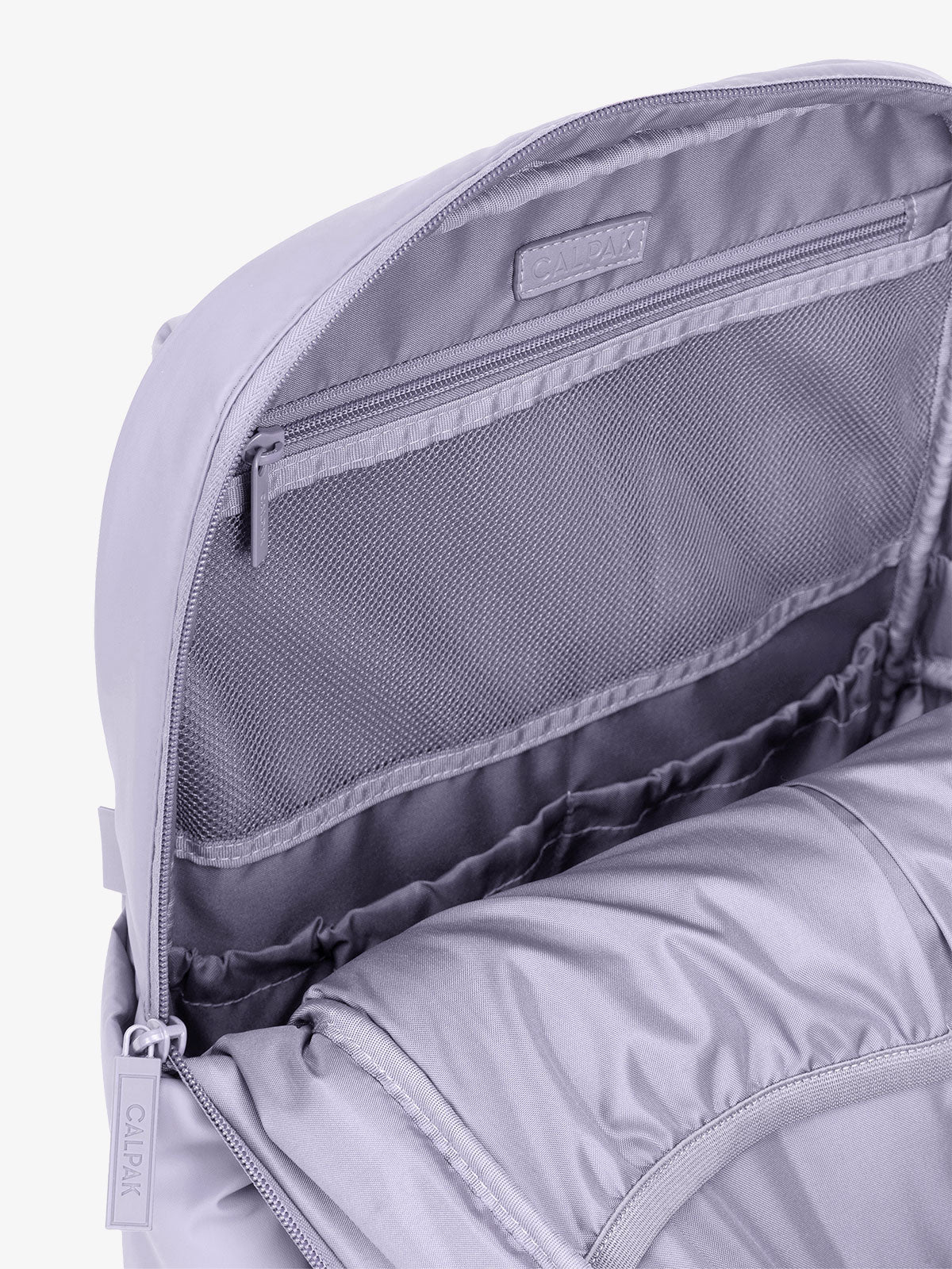 CALPAK Luka 15 inch Laptop Backpack interior view in lavender purple in Orchid; BPL2001-ORCHID