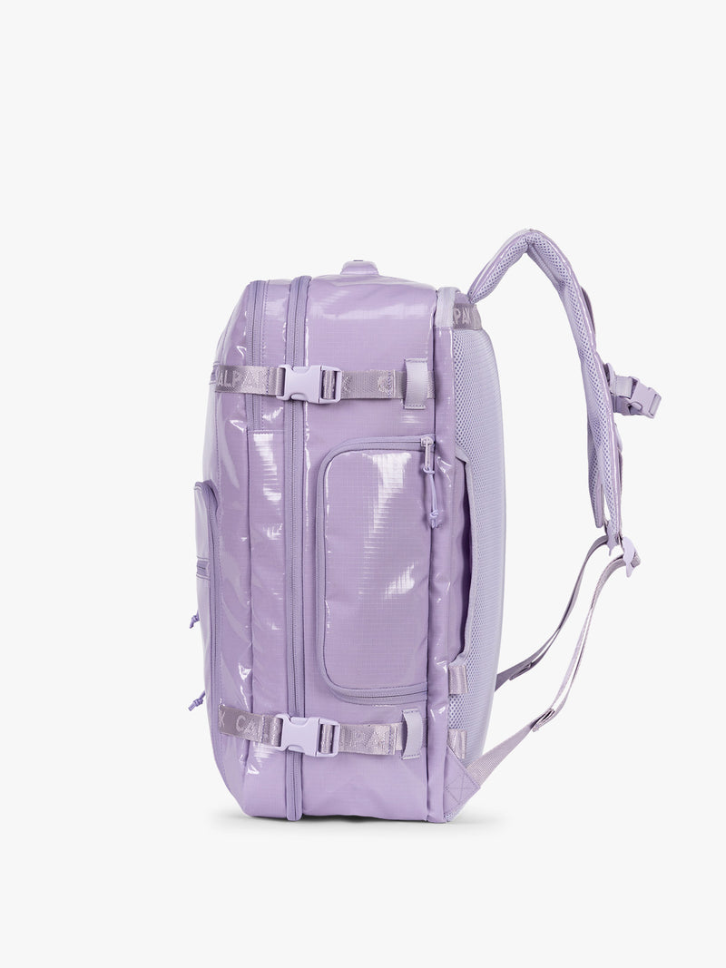 Side view of CALPAK Terra 35L Laptop Backpack Duffel in lavender Amethyst on a white background