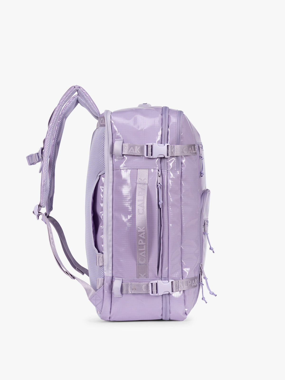 Side view of CALPAK Terra 35L Laptop Backpack Duffel in lavender Amethyst on a white background; BPTL2601-AMETHYST