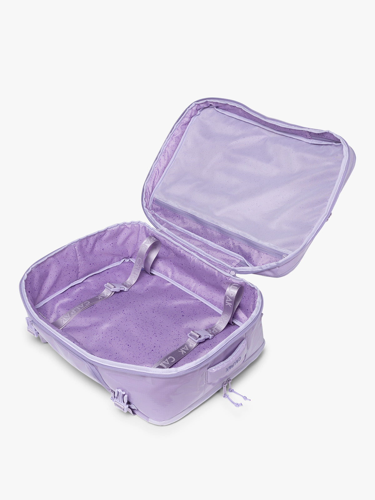 Opened CALPAK Terra 35L Laptop Backpack Duffel in lavender Amethyst on a white background; BPTL2601-AMETHYST
