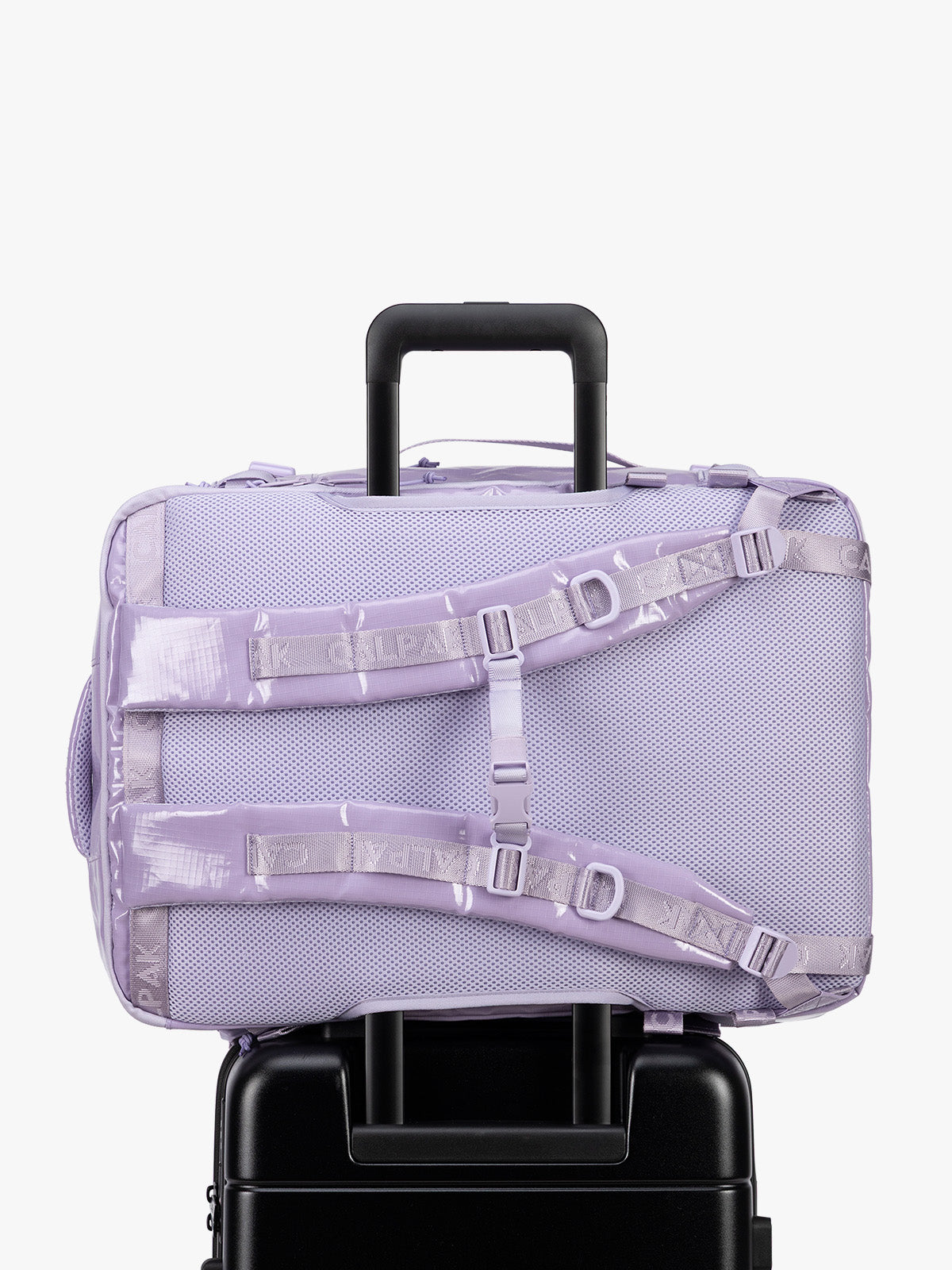 Back trolley sleeve of CALPAK Terra 35L Laptop Backpack Duffel in lavender Amethyst on a white background; BPTL2601-AMETHYST