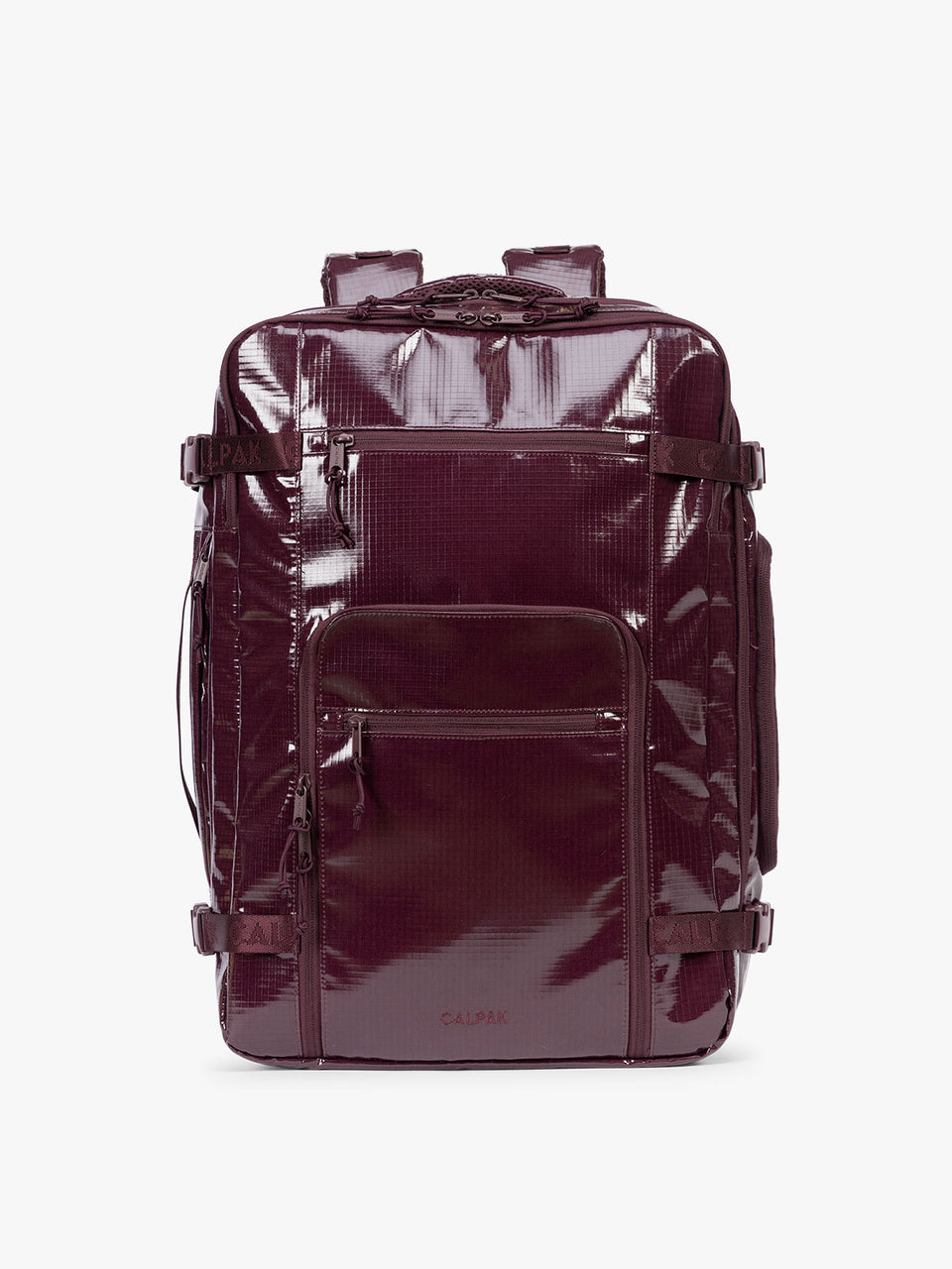 CALPAK Terra 35L Laptop Backpack Duffel in dark red Dark Cherry with tan accents on a white background; BPTL2601-DARK-CHERRY
