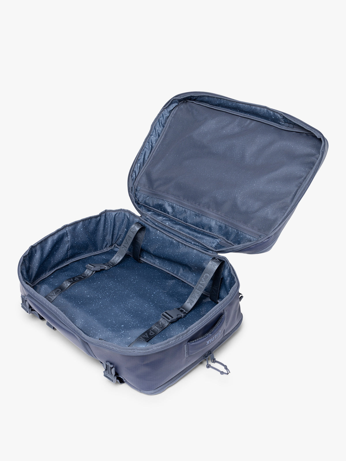Opened CALPAK Terra 35L Laptop Backpack Duffel in matte dark blue Indigo with tan accents on a white background; BPTL2601-INDIGO