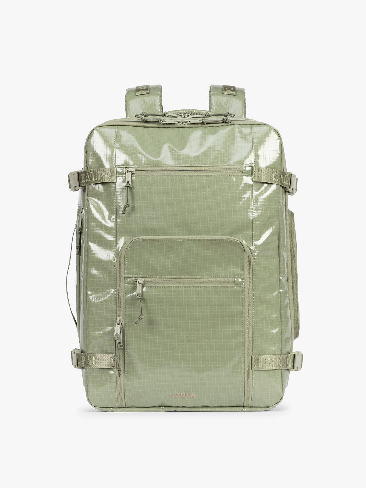 CALPAK Terra 35L Laptop Backpack Duffel in olive green Juniper on a white background; BPTL2601-JUNIPER