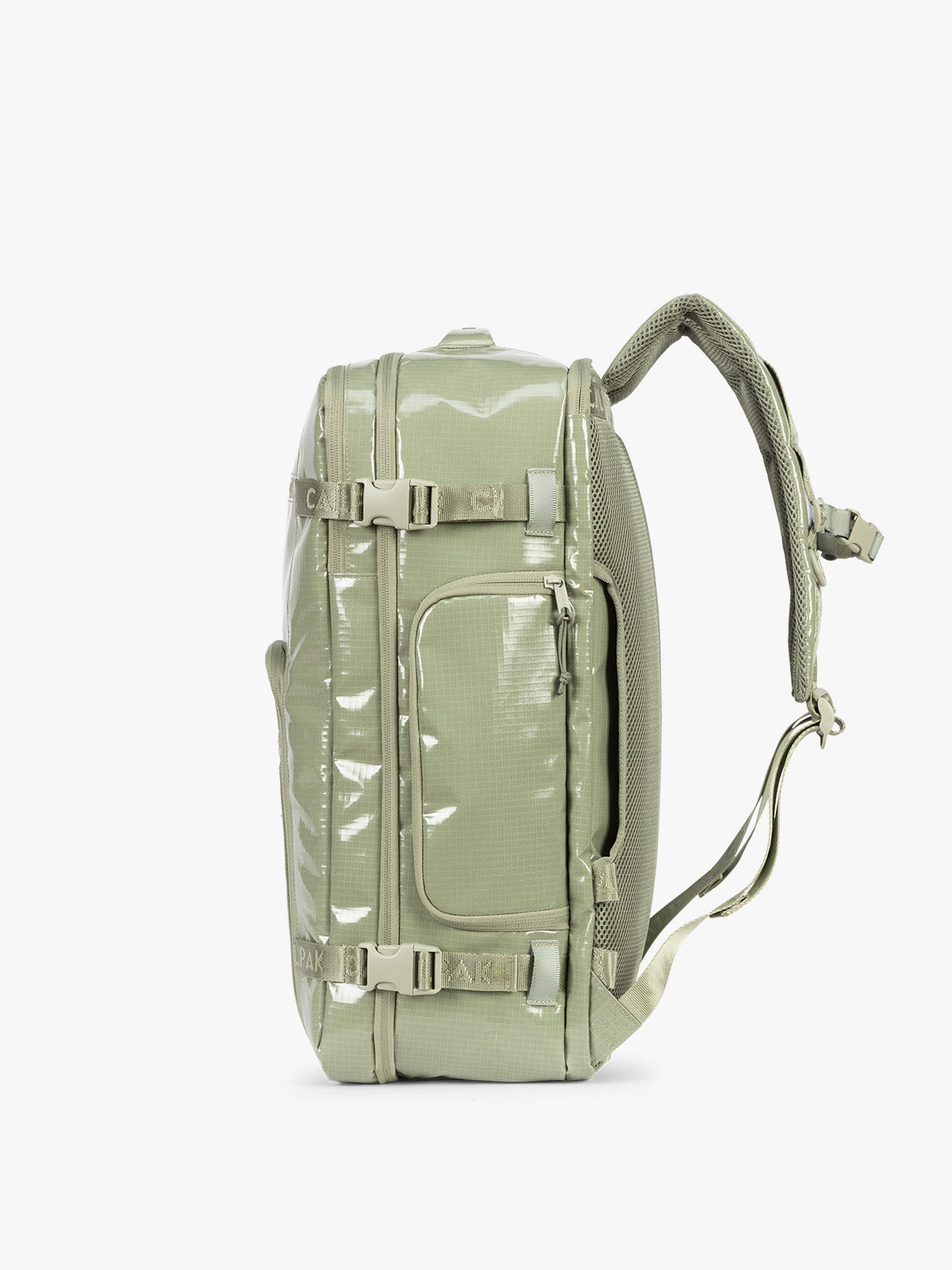 Side view of CALPAK Terra 35L Laptop Backpack Duffel in olive green Juniper on a white background; BPTL2601-JUNIPER