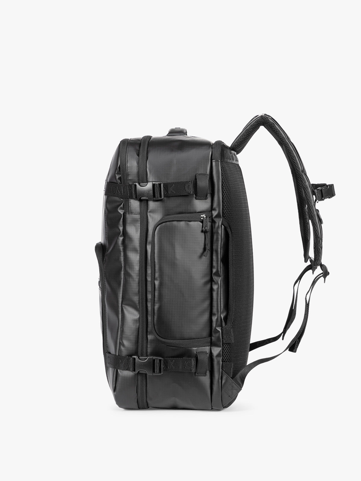 Side view of CALPAK Terra 35L Laptop Backpack Duffel in matte black Obsidian on a white background;   BPTL2601-MATTE-OBSIDIAN