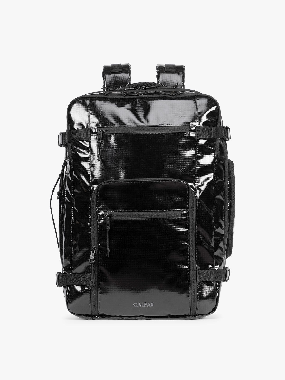 CALPAK Terra 35L Laptop Duffel Backpack in shiny black Obsidian on a white background; BPTL2601-OBSIDIAN