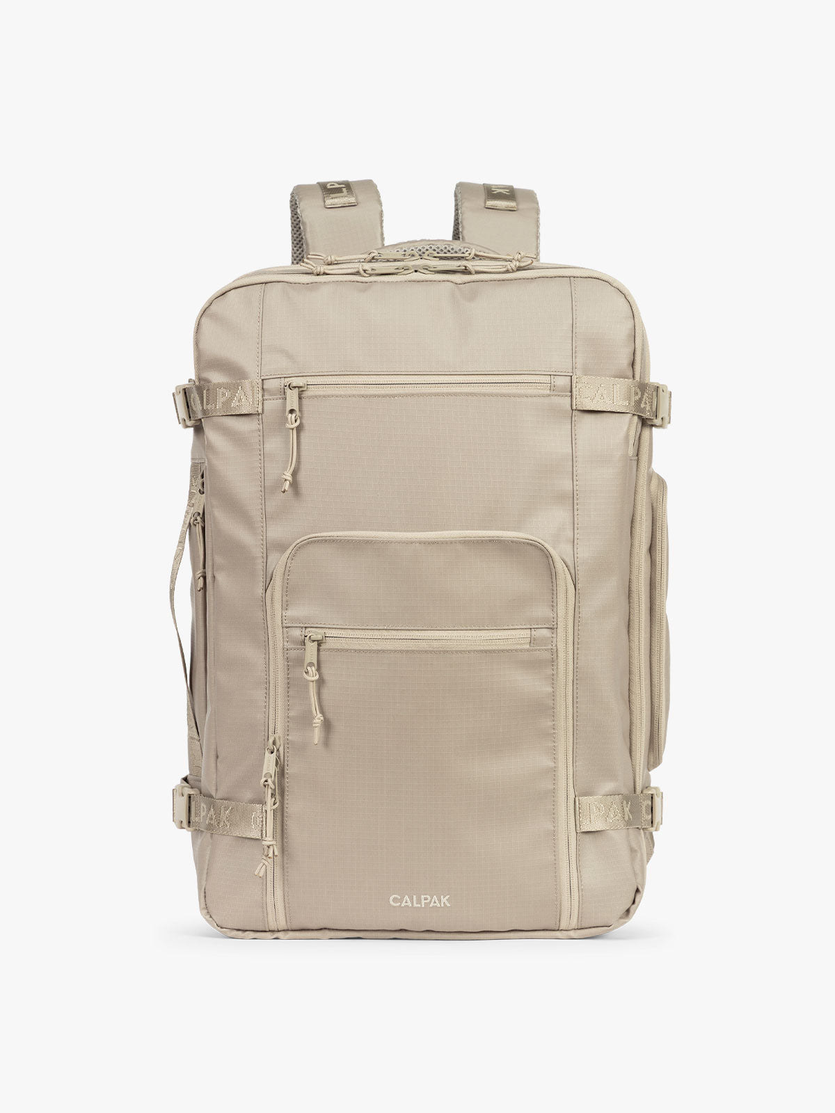 CALPAK Terra 35L Laptop Backpack Duffel in beige Stone on a white background; BPTL2601-STONE