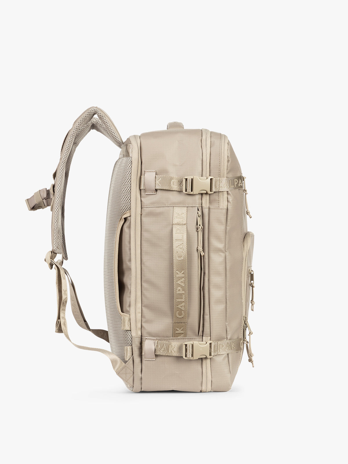 Side view of CALPAK Terra 35L Laptop Backpack Duffel in beige Stone on a white background; BPTL2601-STONE