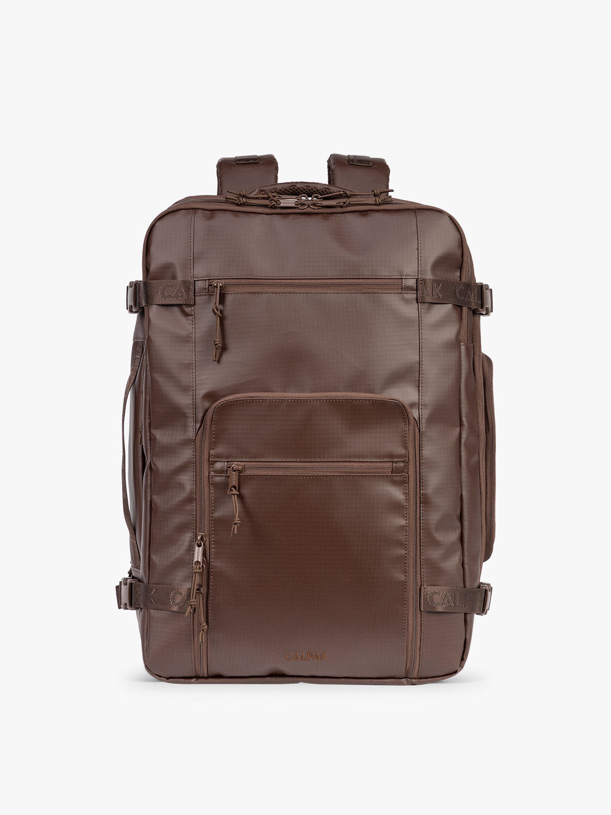 CALPAK Terra 35L Laptop Backpack Duffel in matte brown Walnut on a white background; BPTL2601-WALNUT