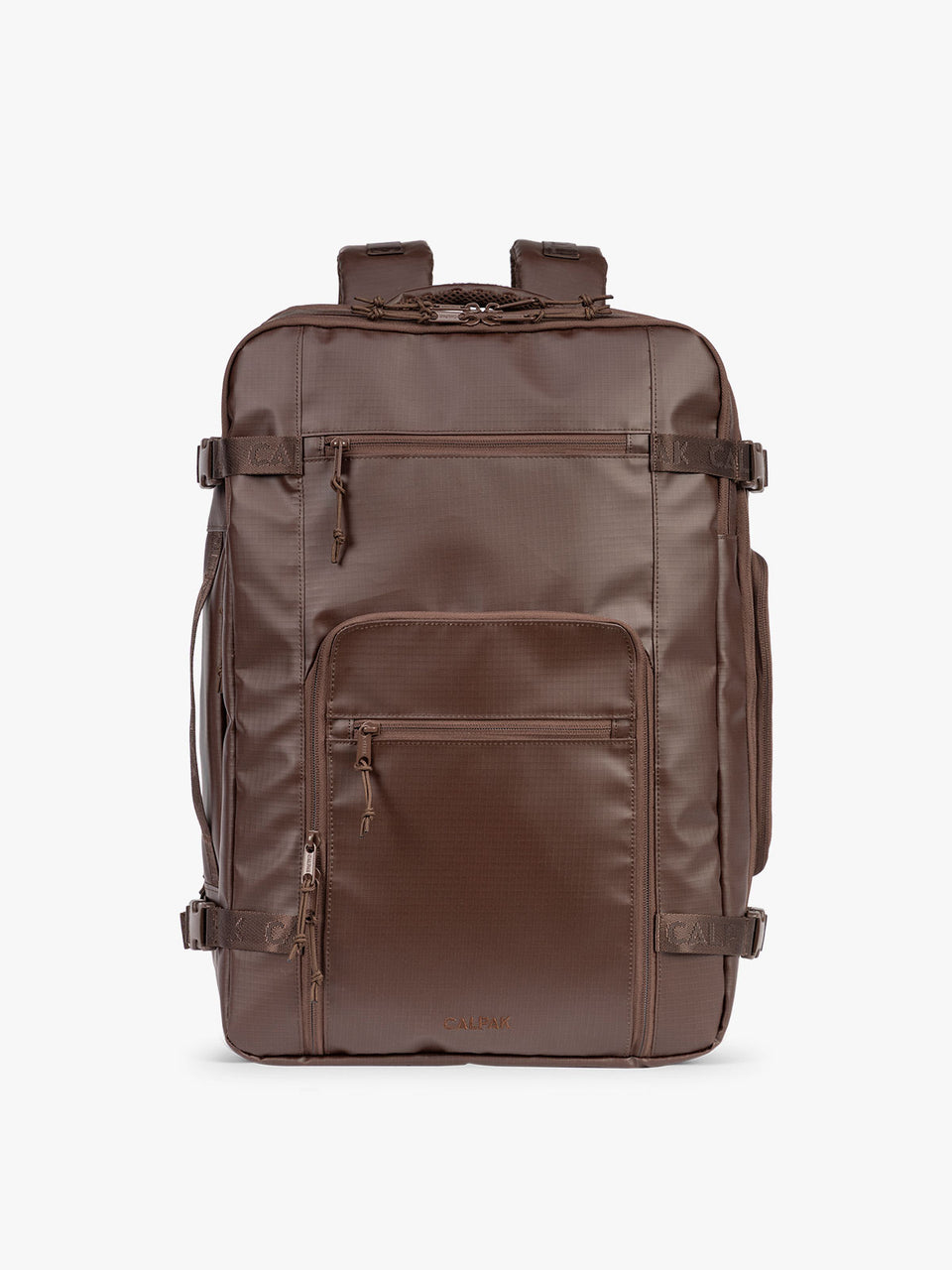 CALPAK Terra 35L Laptop Backpack Duffel in matte brown Walnut on a white background; BPTL2601-WALNUT